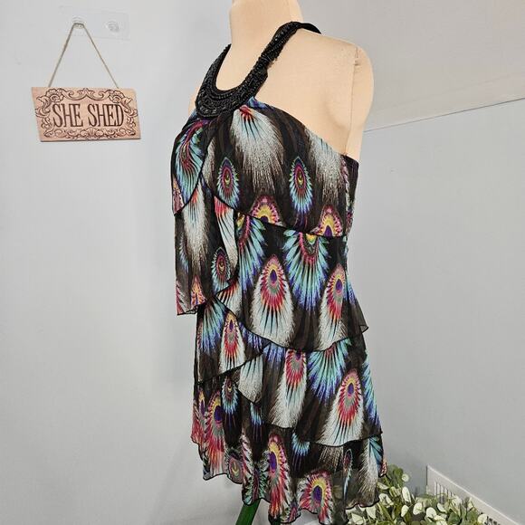 XXI Peacock Layered Tunic Beaded High Neck Top Small Fairy Retro Glam Feather - Picture 4 of 14